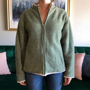 ALPS Women’s Size L Vintage Green Wool Knit Full Zip Fleece with Sherpa Lining